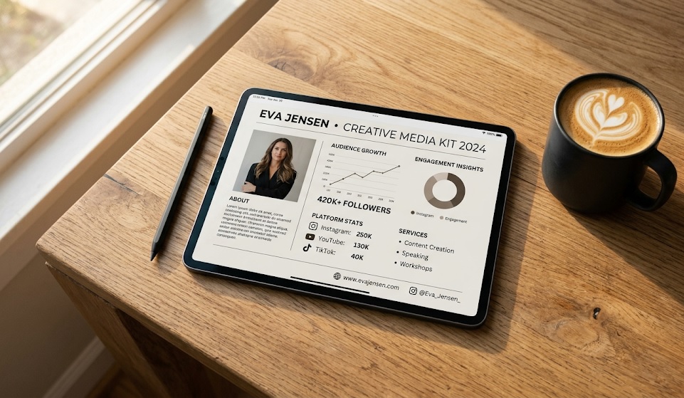 A clean, professional PDF media kit being displayed on an iPad next to a cup of coffee.